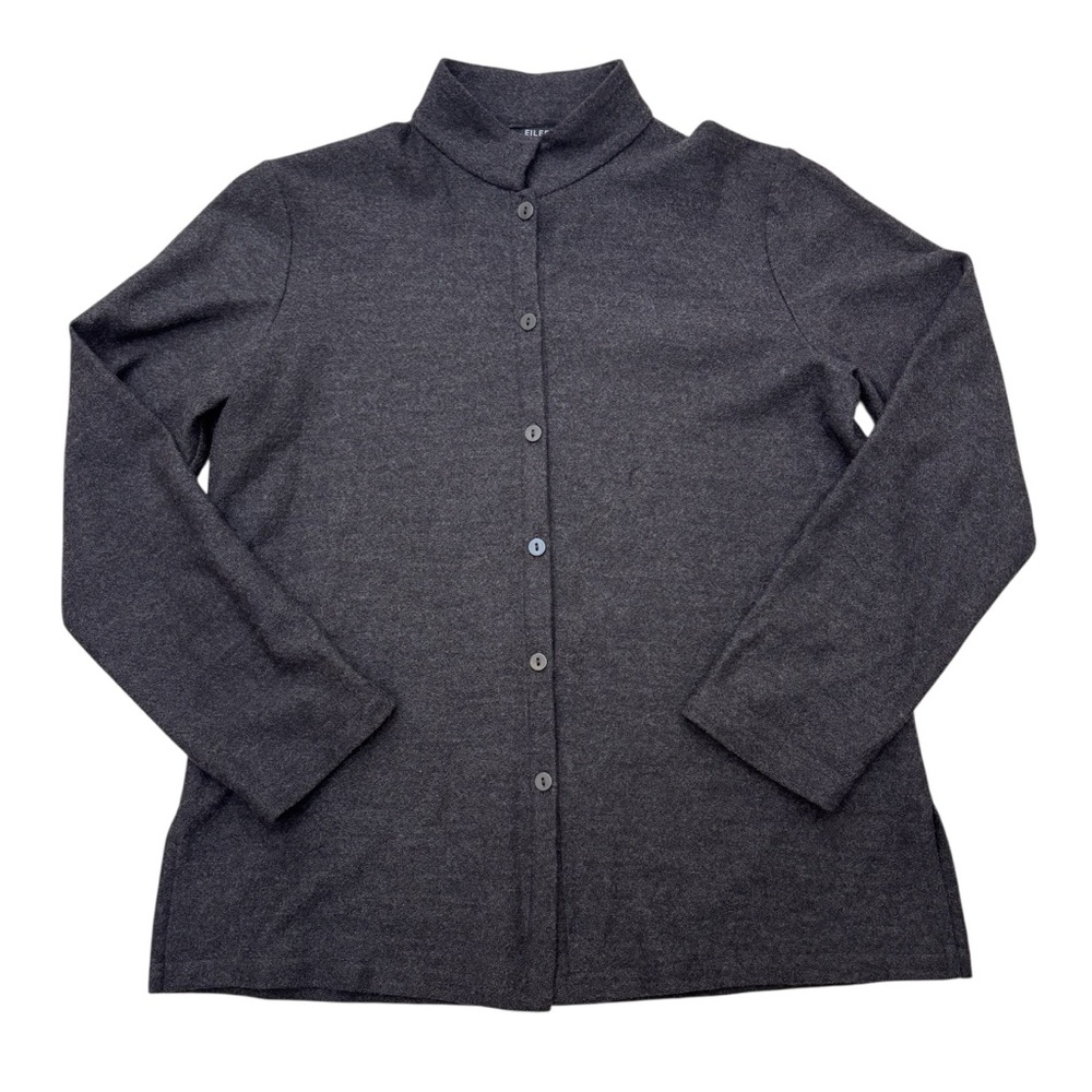 Eileen Fisher Mandarin Collar Wool Shirt Shacket Minimalist Charcoal Gray PM - Picture 2 of 11